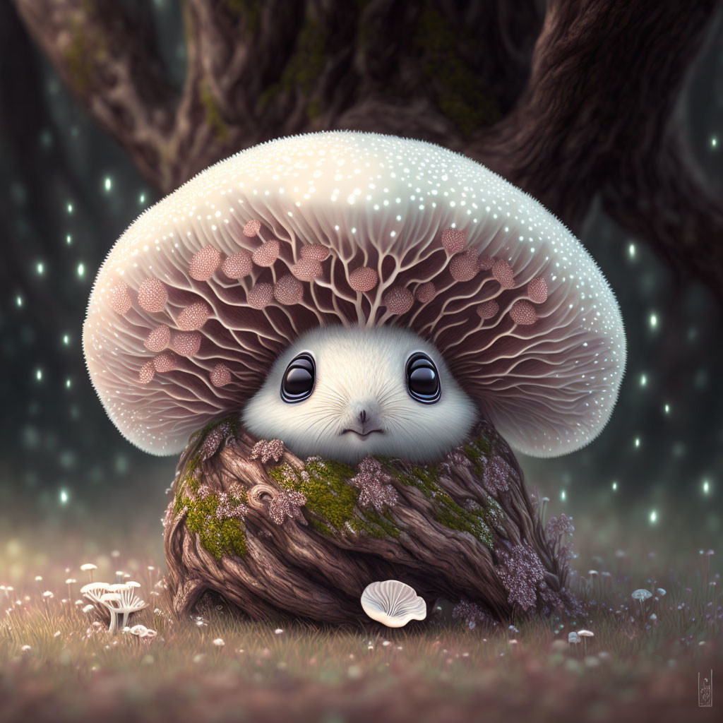 Whimsical illustration of cute creature in enchanted forest