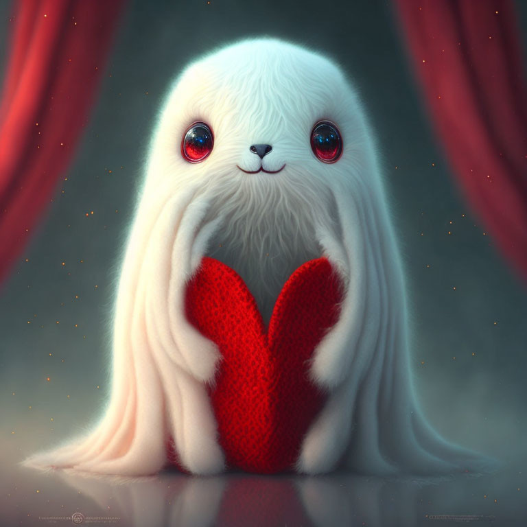 Fluffy white creature with red eyes holding heart in red curtain frame