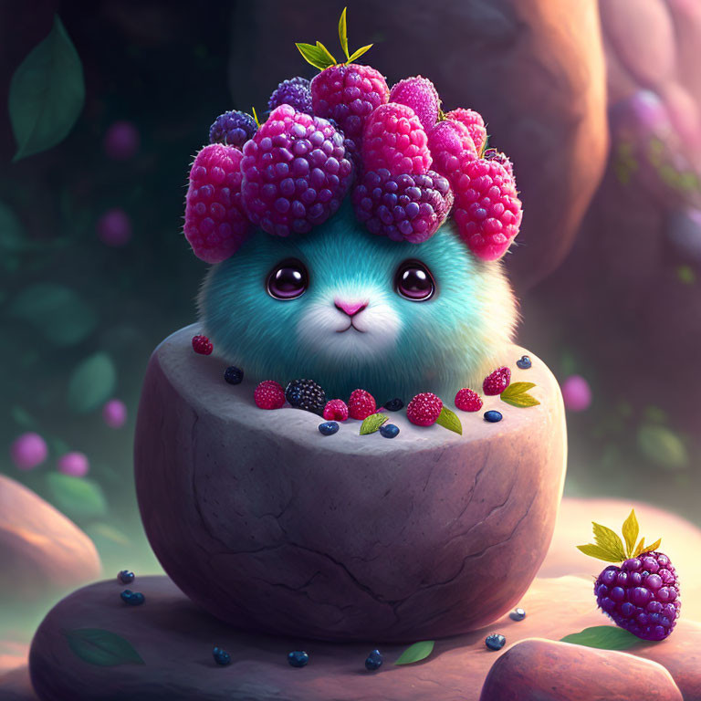 Colorful Blue Furred Creature with Raspberry Crown in Enchanted Forest