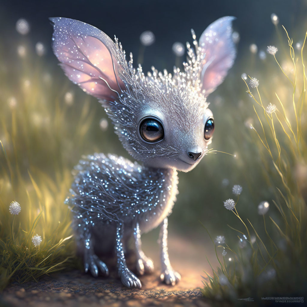 Whimsical creature with large eyes in magical forest.
