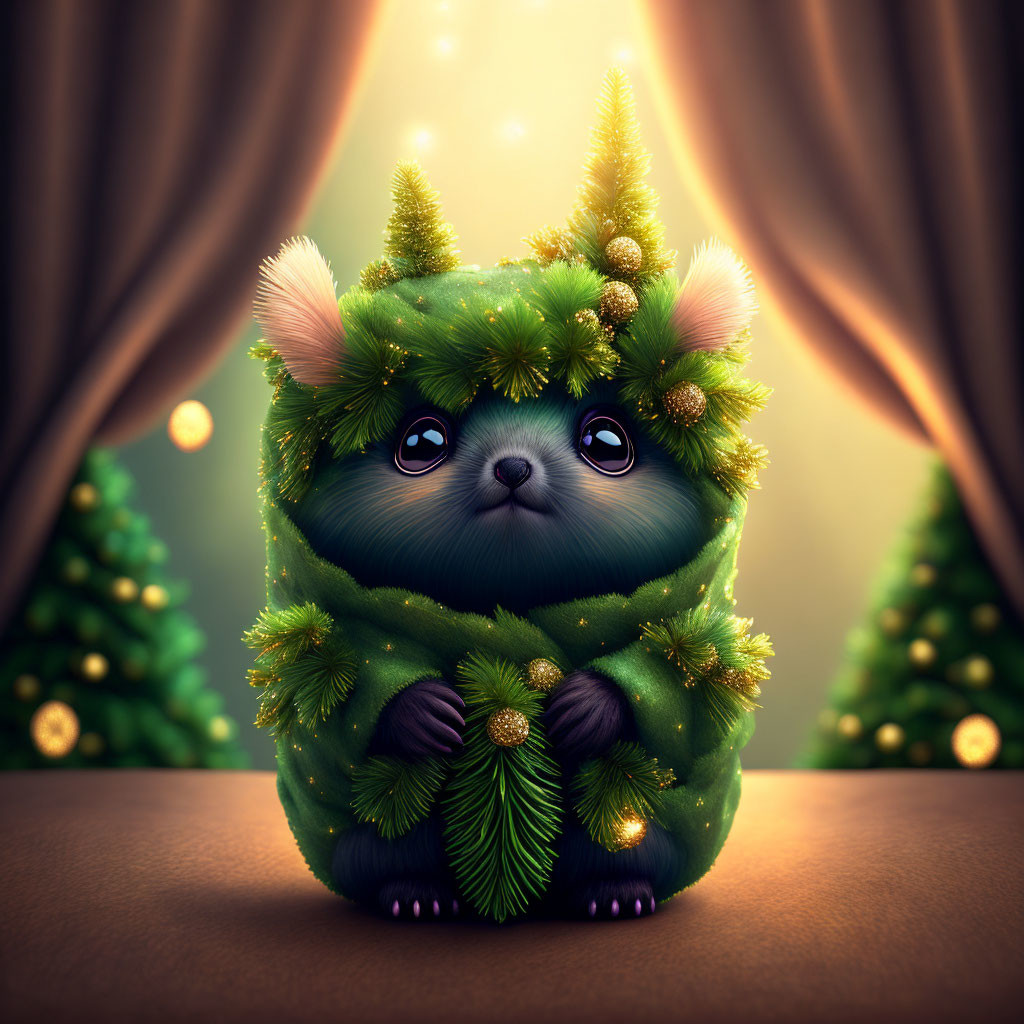 Fluffy animal and Christmas tree fusion in festive setting