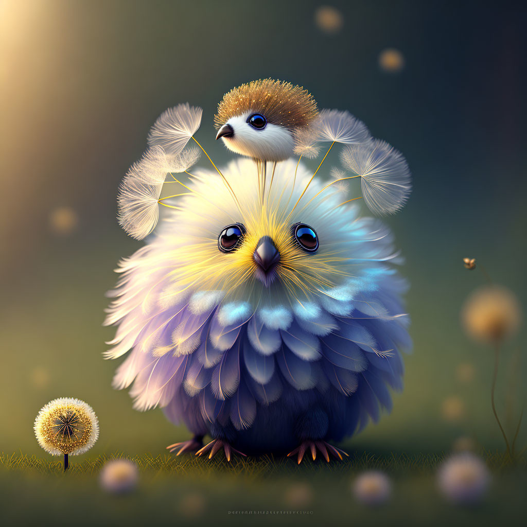 Colorful chubby bird with big eyes and dandelion seeds in digital art