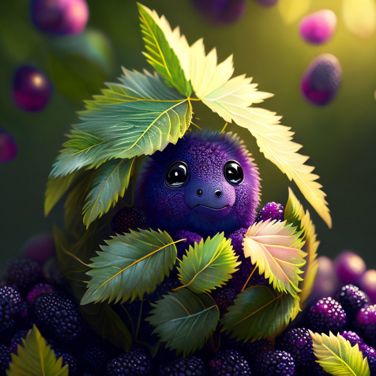 Purple Creature Peeking from Green Leaves in Enchanted Forest