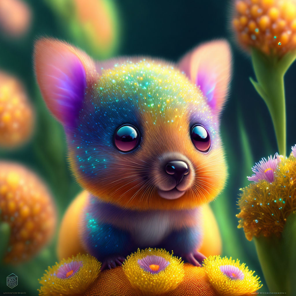 Colorful Creature with Large Ears Surrounded by Yellow Flowers