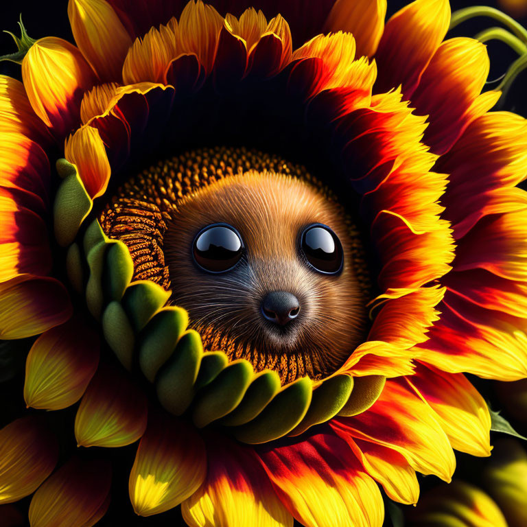 Brown cartoonish animal in vibrant sunflower with large eyes