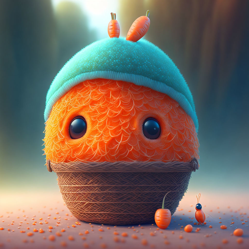 Orange creature with big eyes in blue hat next to smaller version among orange spheres