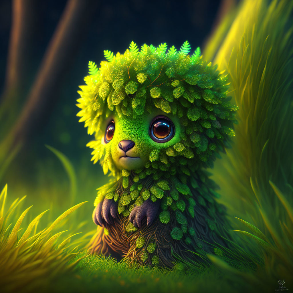 Whimsical creature with large eyes in green leaves among lush grass