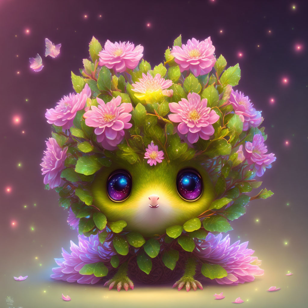 Fantasy creature illustration with big blue eyes and bush-like body