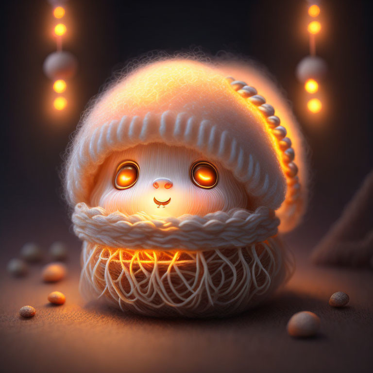 Glowing creature with large eyes in knitted hat under warm light