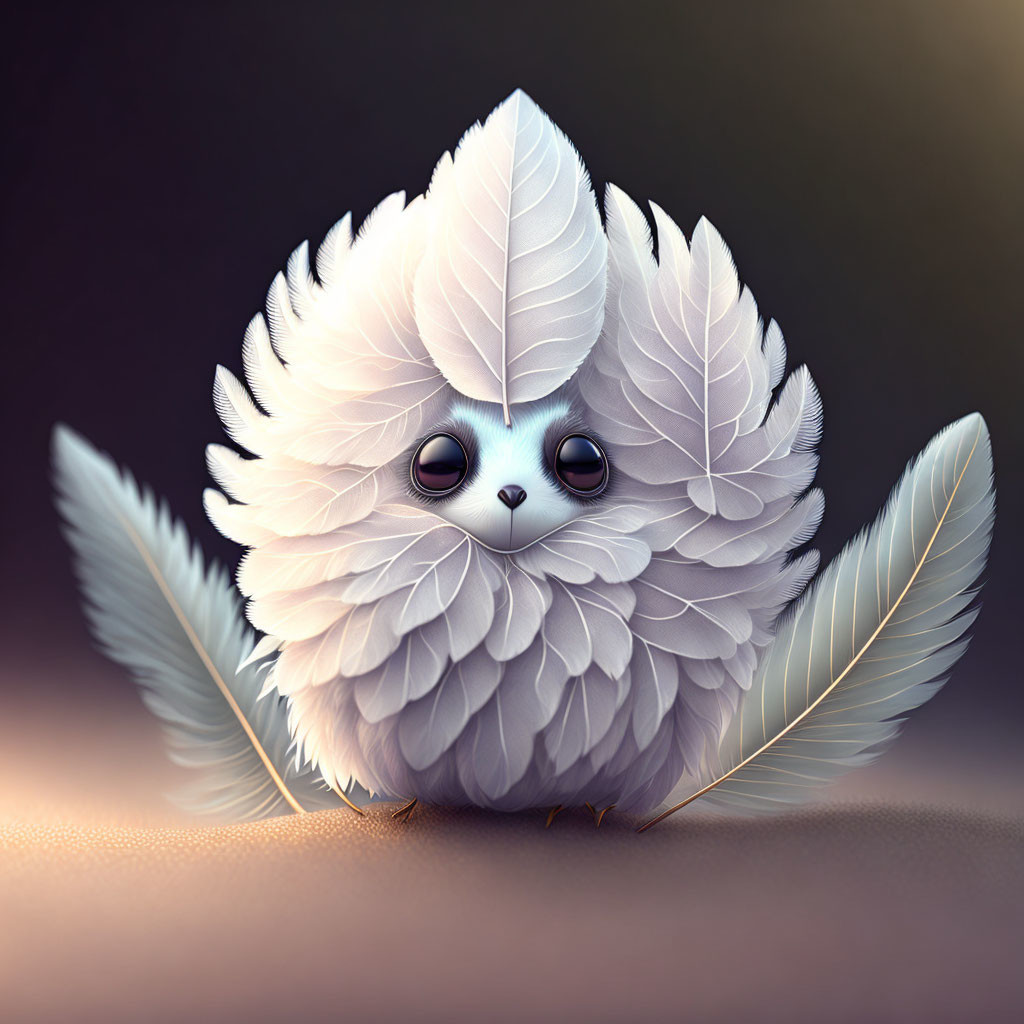 Fluffy mystical bird with layered white feathers and purple eyes