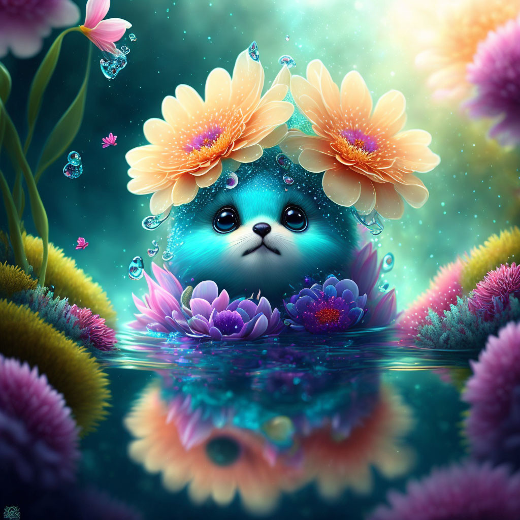 Colorful illustration of fluffy blue creature in water with vibrant flowers.