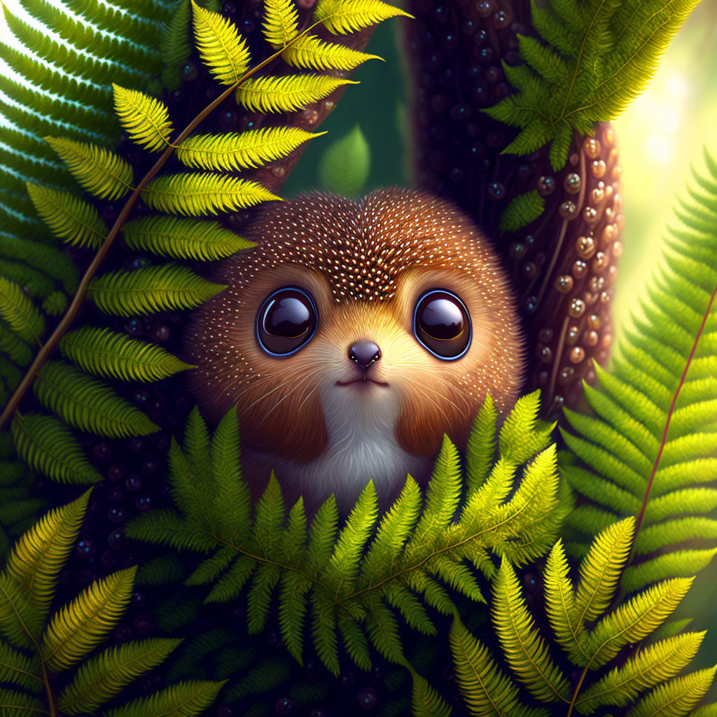 Stylized wide-eyed animal peeking through green fern leaves