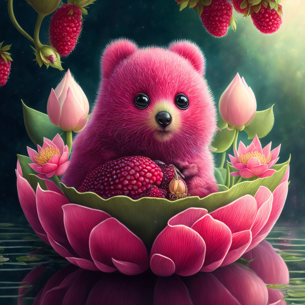 Colorful Furry Creature in Lotus Flower with Berries and Buds Reflection