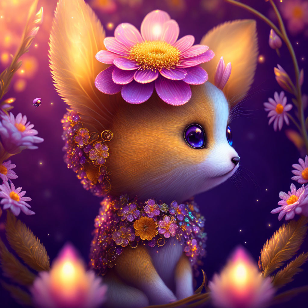 Colorful Illustration of Fox-Like Creature with Pink Flowers and Glittering Flora