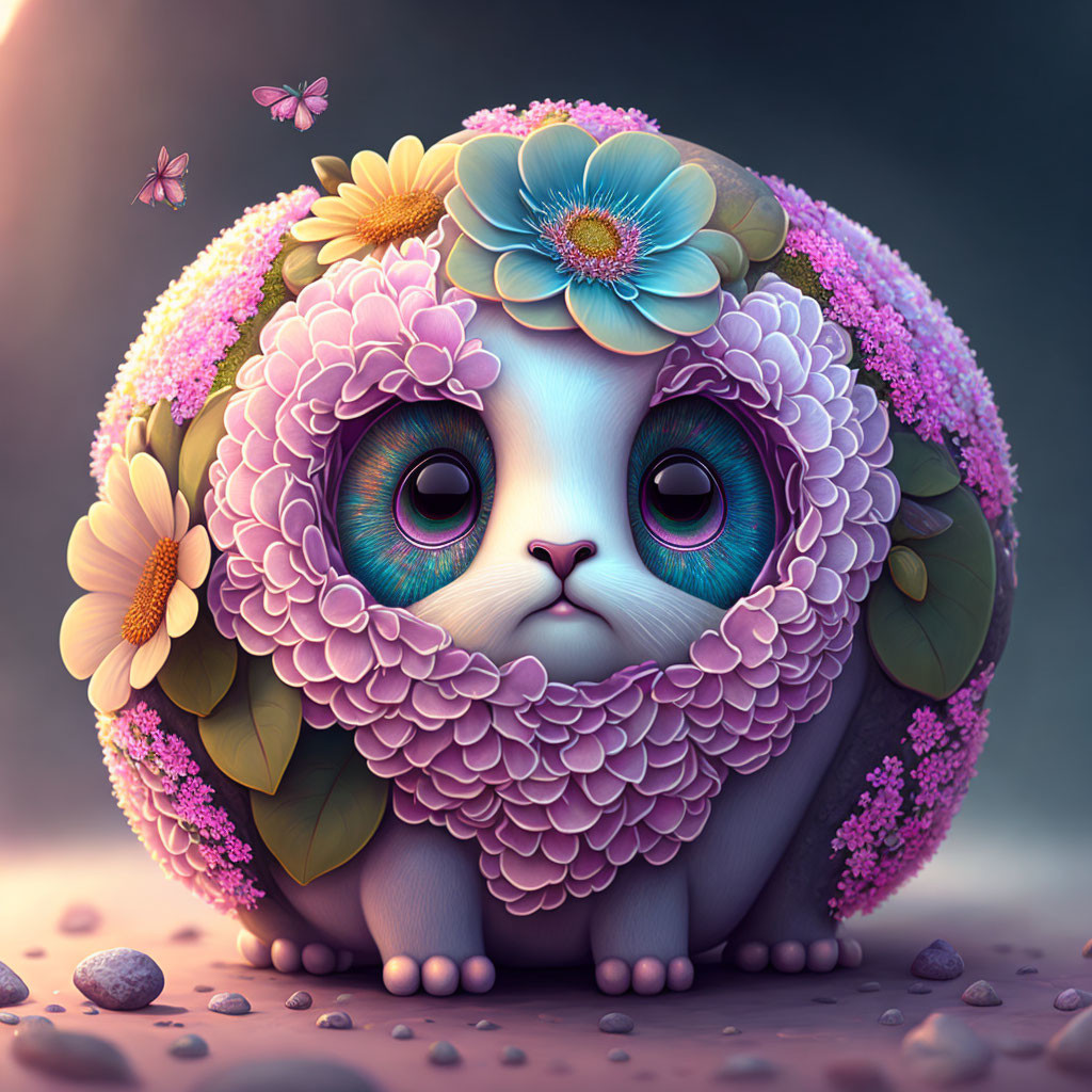 Whimsical round furry creature with expressive blue eyes and colorful flowers