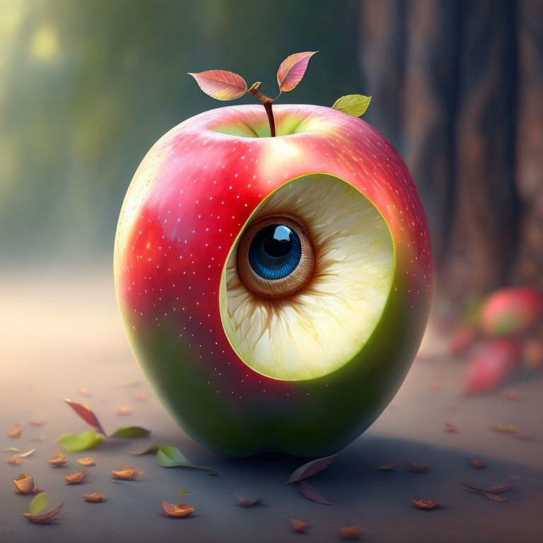 Surreal red and green apple with human eye bite in forest scene