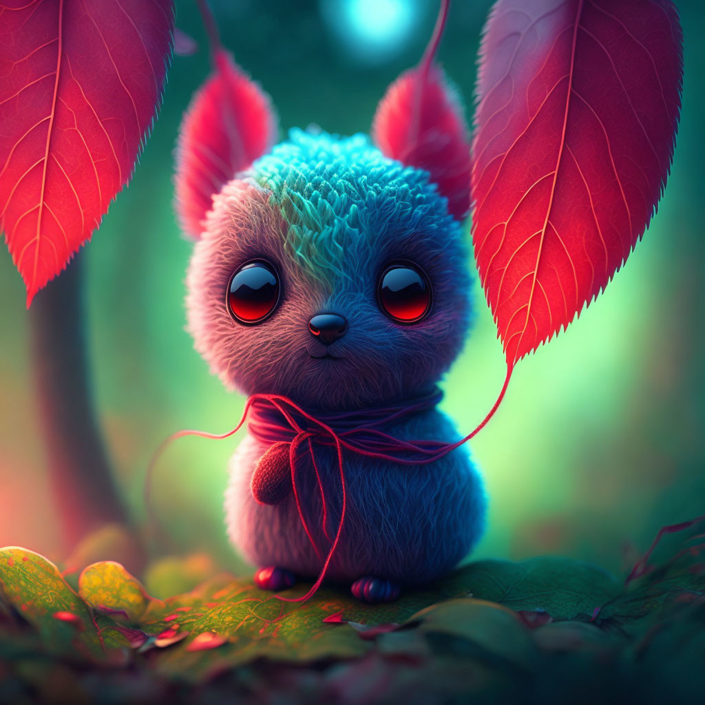 Fluffy blue creature with big eyes under red leaves and ribbon