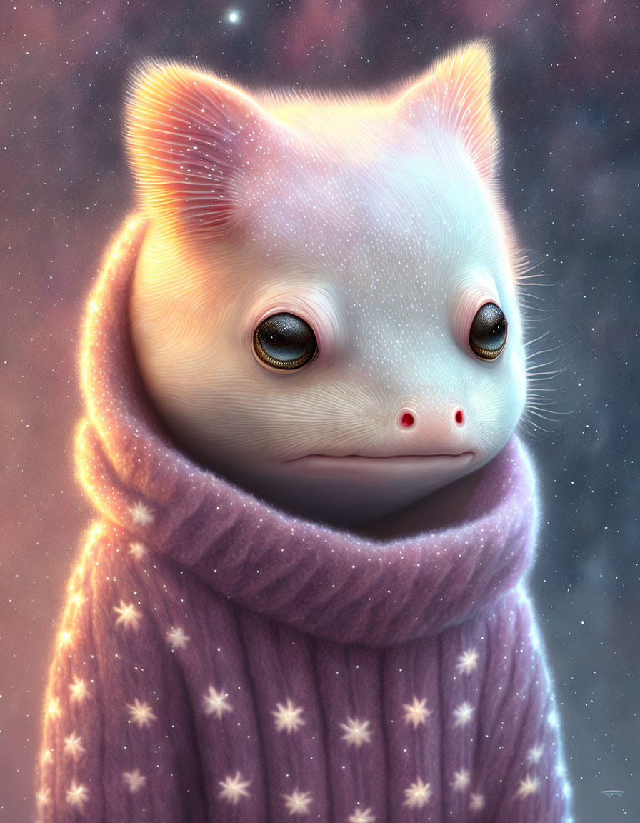 Pink fluffy animal in star-patterned sweater illustration