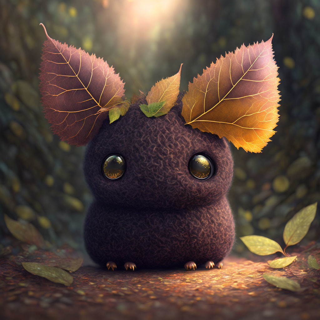 Furry creature with glossy eyes and leaf ears in mystical forest.