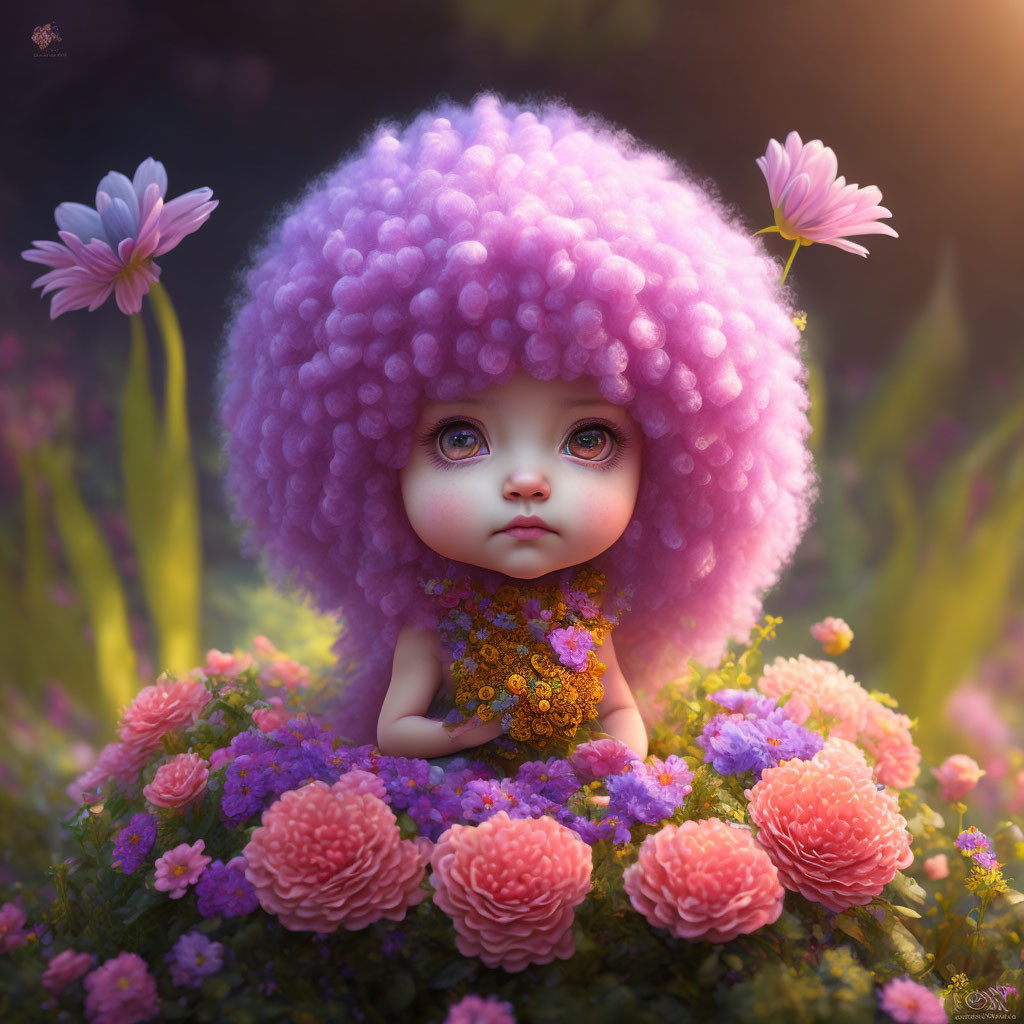Doll-like figure with fluffy purple hair among pink and orange flowers