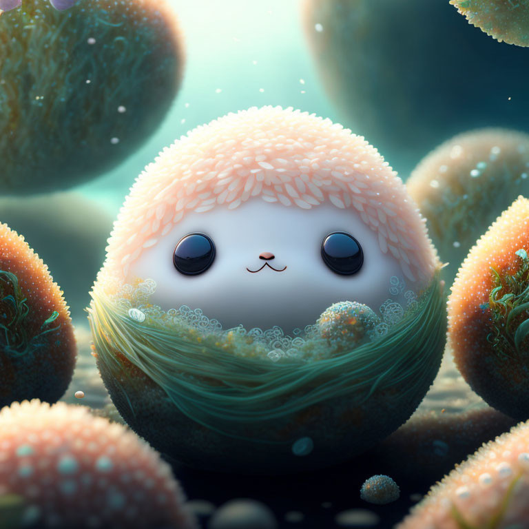 Adorable cartoon creature in peach shell with black eyes in dreamy setting