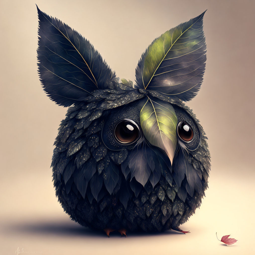 Whimsical owl illustration with leaf-like feathers and expressive eyes