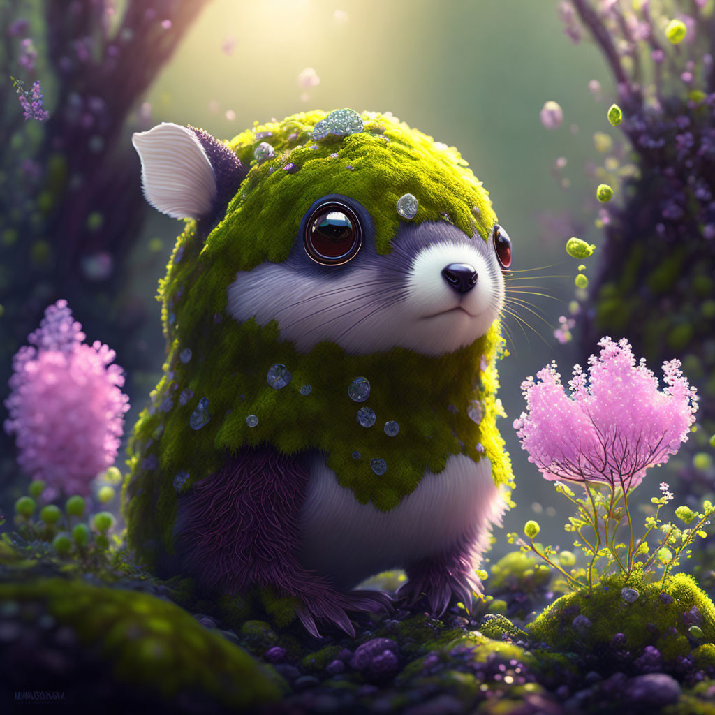 Whimsical creature with mossy fur in magical forest