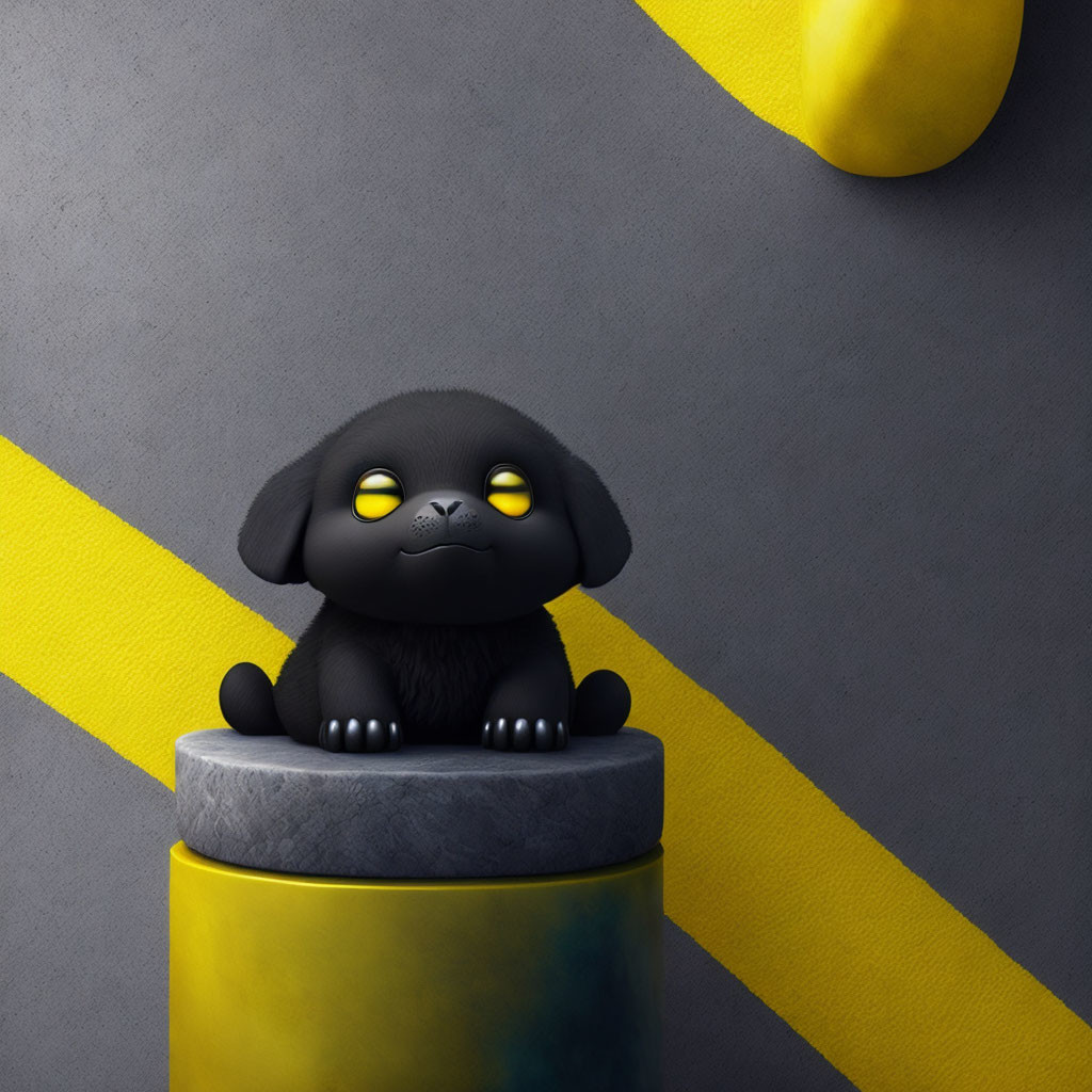 Black Cartoon Puppy with Glowing Yellow Eyes on Gray Pedestal