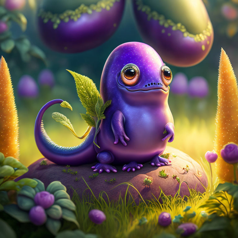 Purple wide-eyed creature on rock in fantasy setting with glowing plants.