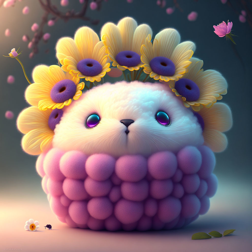 Fluffy creature with blue eyes and floral wreath in nature scene.