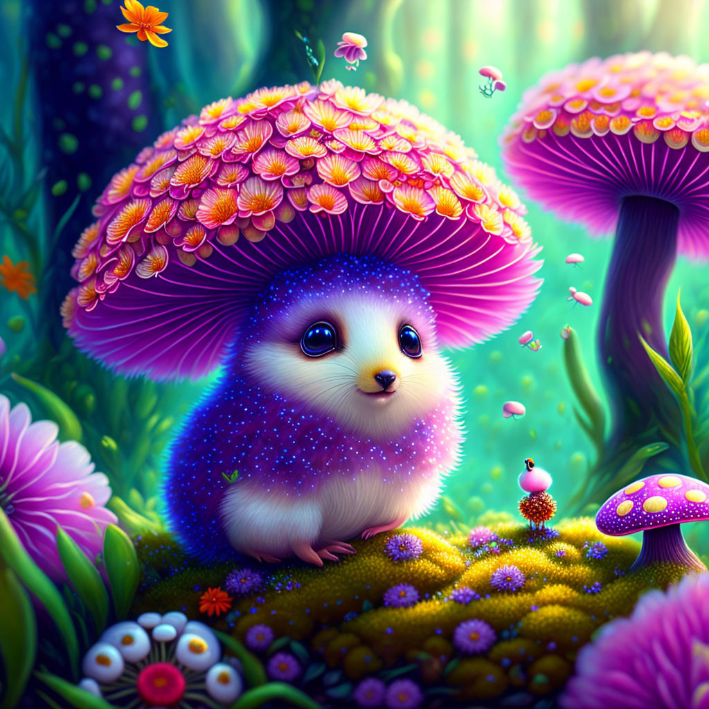 Colorful illustration: Cute creature under vibrant purple mushroom