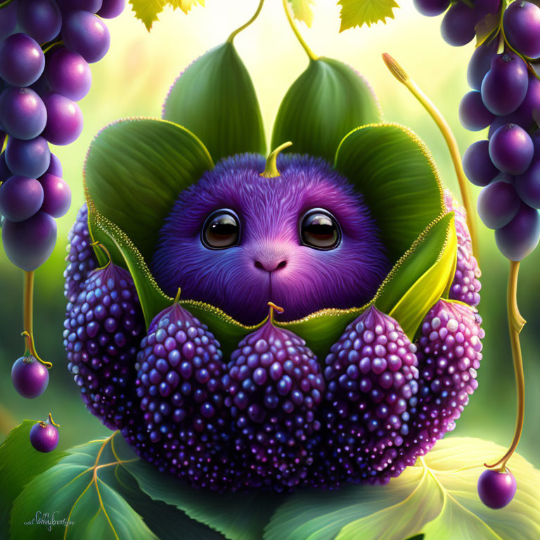 Whimsical purple creature in lush grapevine setting