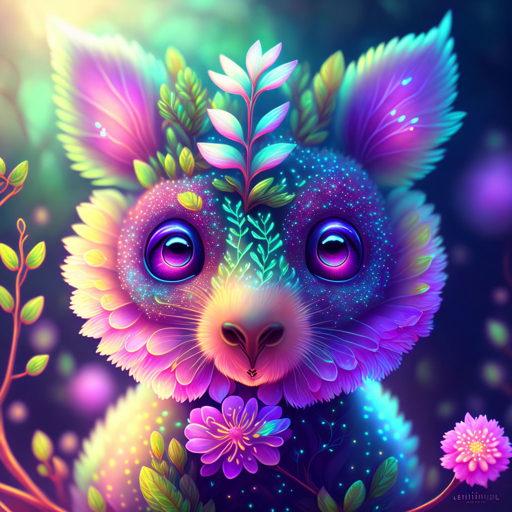 Colorful fantasy creature with flowers and plants, large purple eyes.