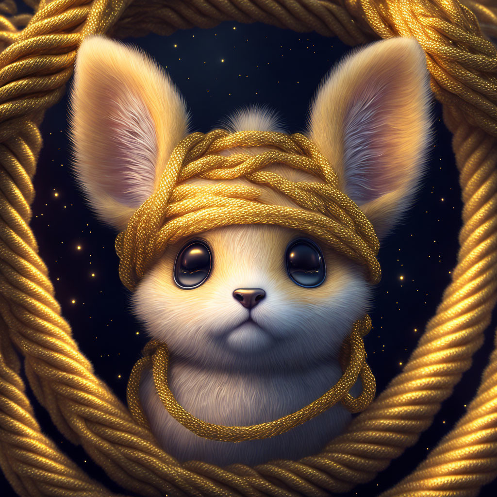 Fluffy bunny in golden rope on starry night sky