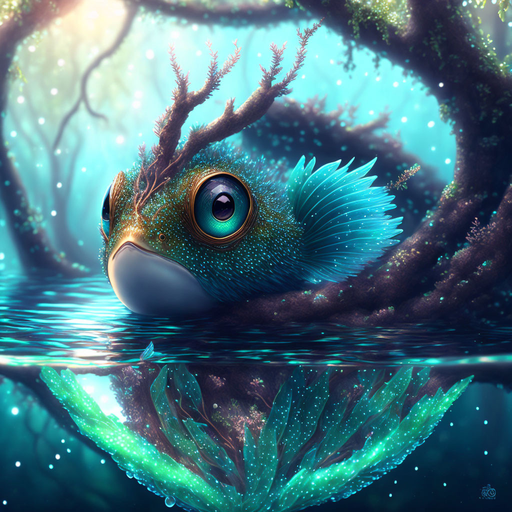 Aquatic bird-fish hybrid creature in underwater setting with tree branches mimicking flora