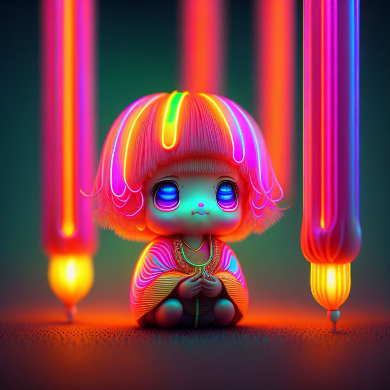 Colorful cartoon character with neon hair in seated pose under glowing orbs