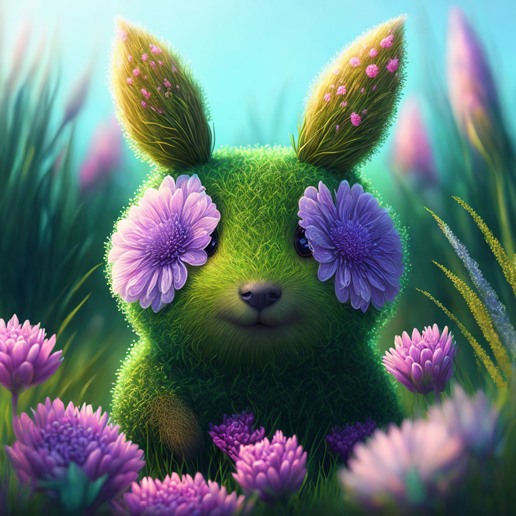 Whimsical green bunny-like creature in vibrant meadow with purple flowers