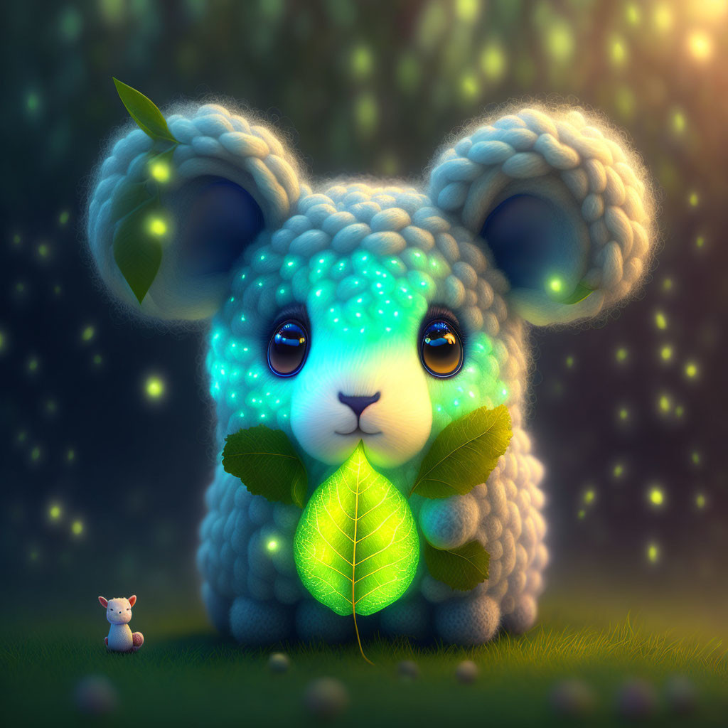 Illustration of blue sheep creature with mouse in magical forest