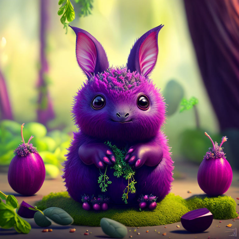 Purple fantastical creature in magical forest with large ears and bright eyes