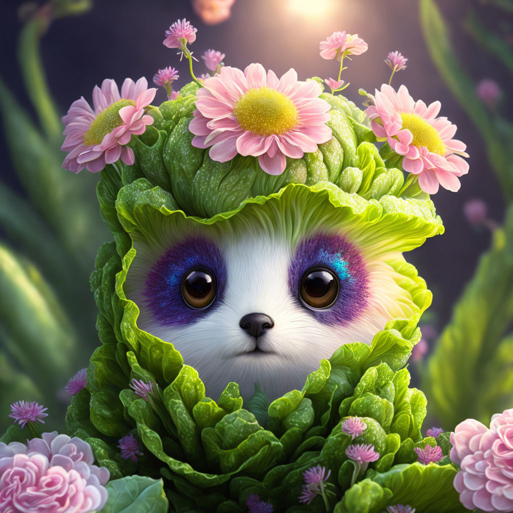 Illustration of cute creature peeking from cabbage with pink flowers