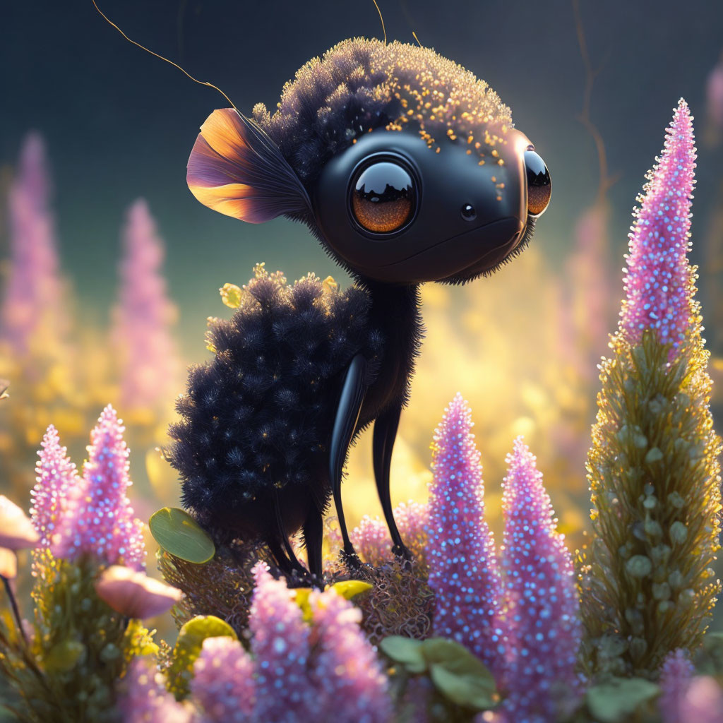 Stylized creature in pink-lit fantasy landscape