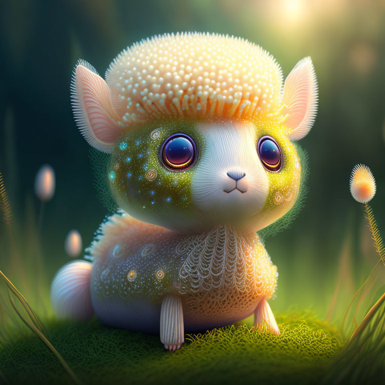 Round fluffy creature in magical forest environment illustration