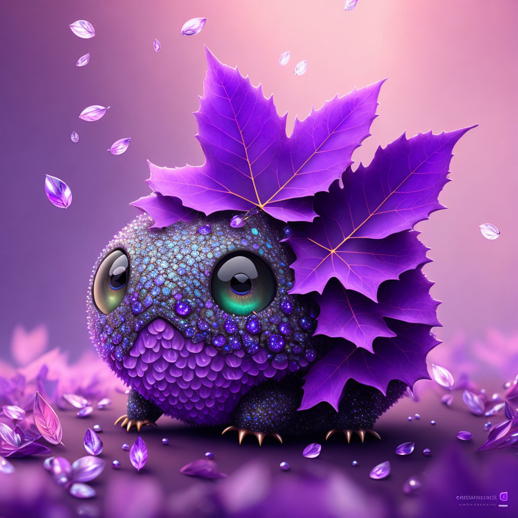 Purple sparkling owl-like creature with large eyes and magenta leaf in whimsical illustration.