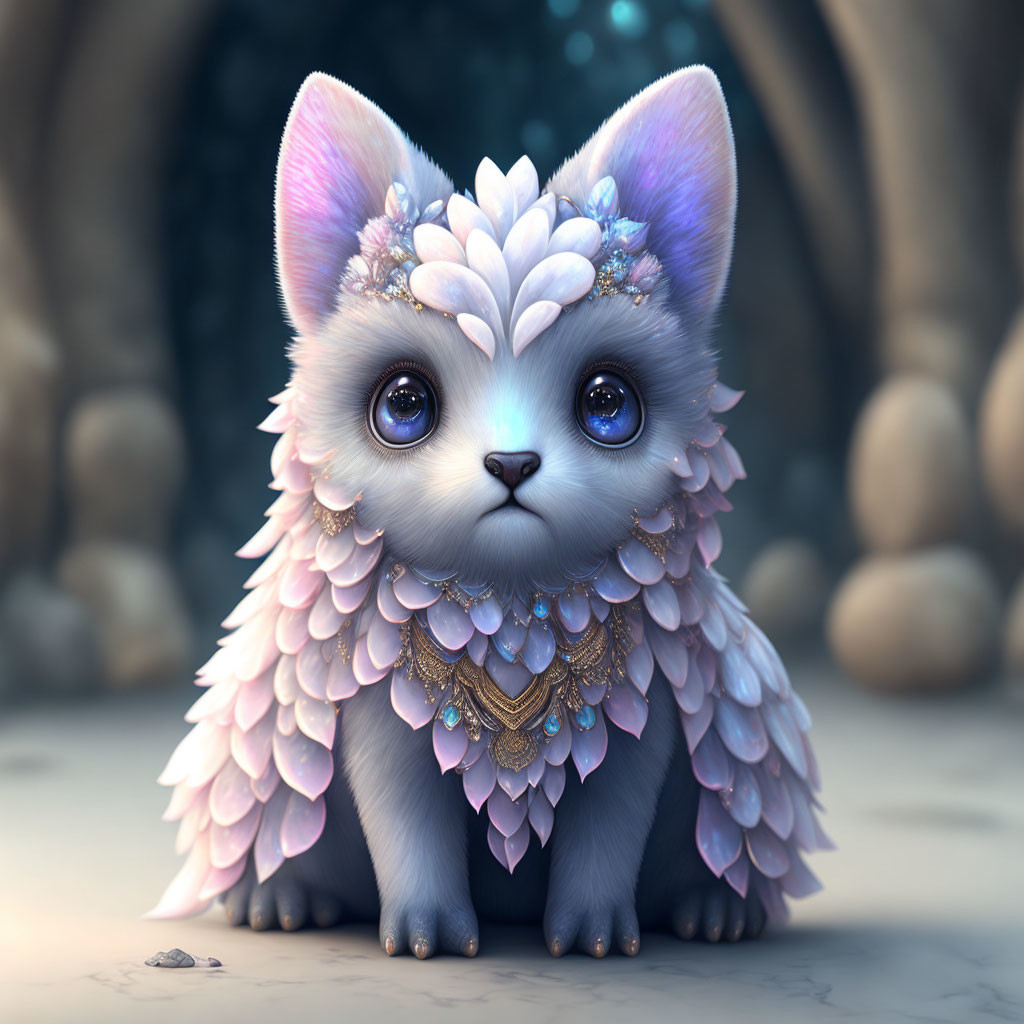 Fantastical kitten-like creature with blue eyes in mystical forest