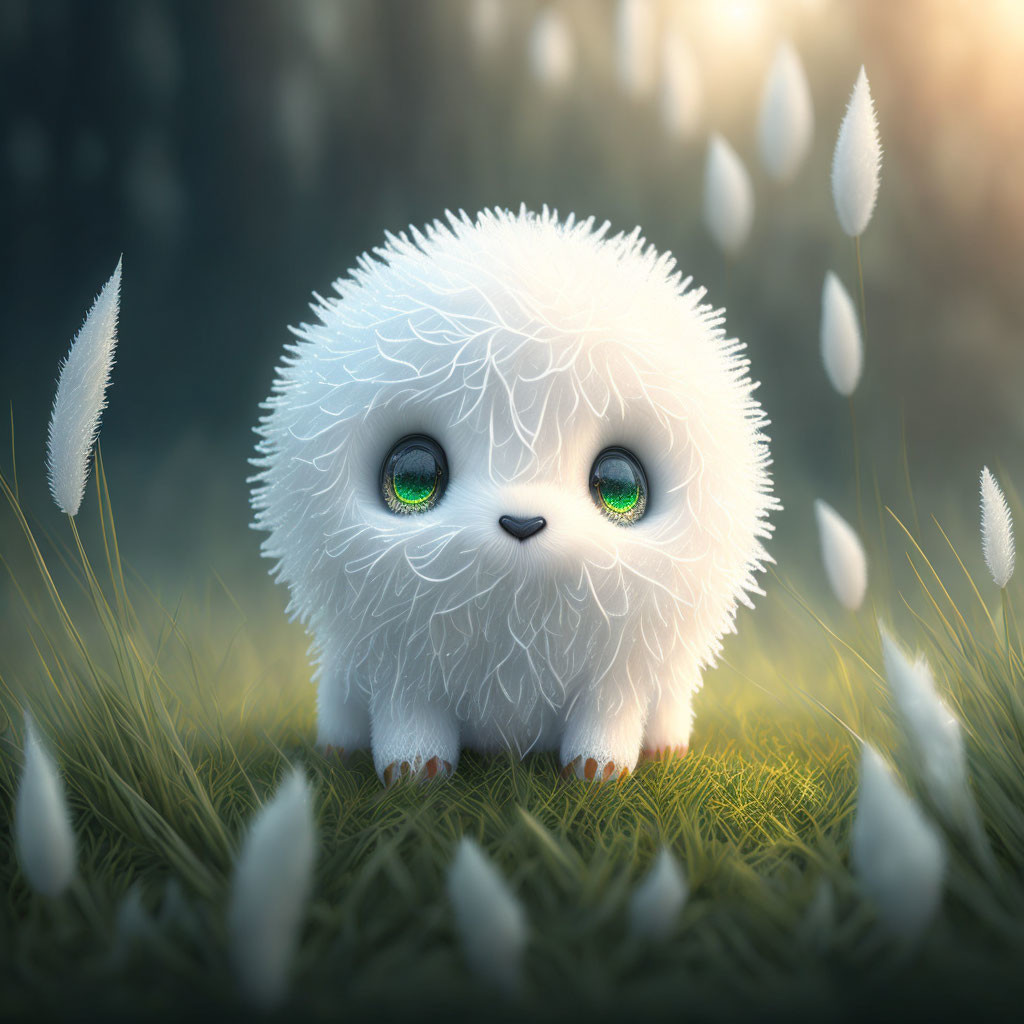 Fluffy White Imaginary Creature with Green Eyes in Golden Light