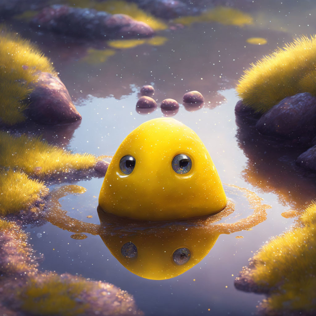 Yellow Round Creature Peeking from Reflective Water Amidst Moss-covered Rocks