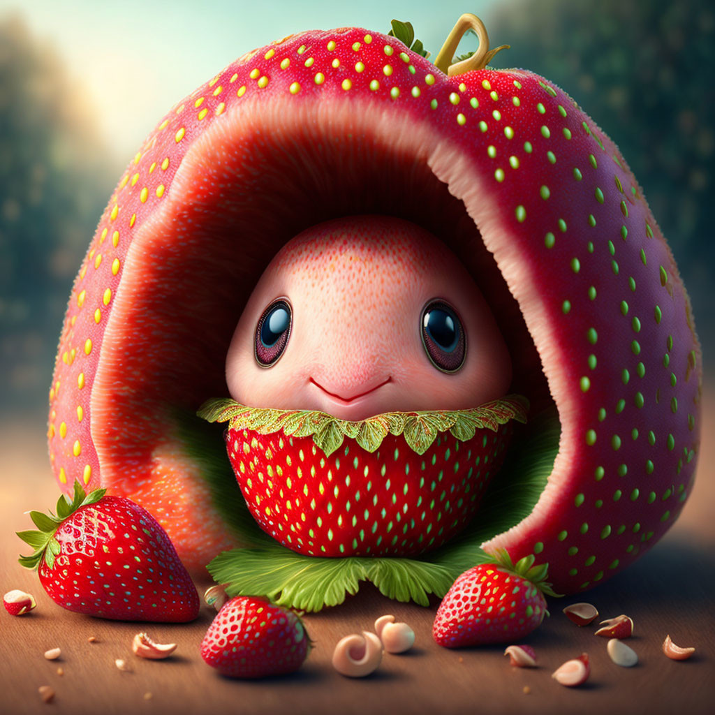 Animated character in a strawberry with seeds and leaves, whimsical charm