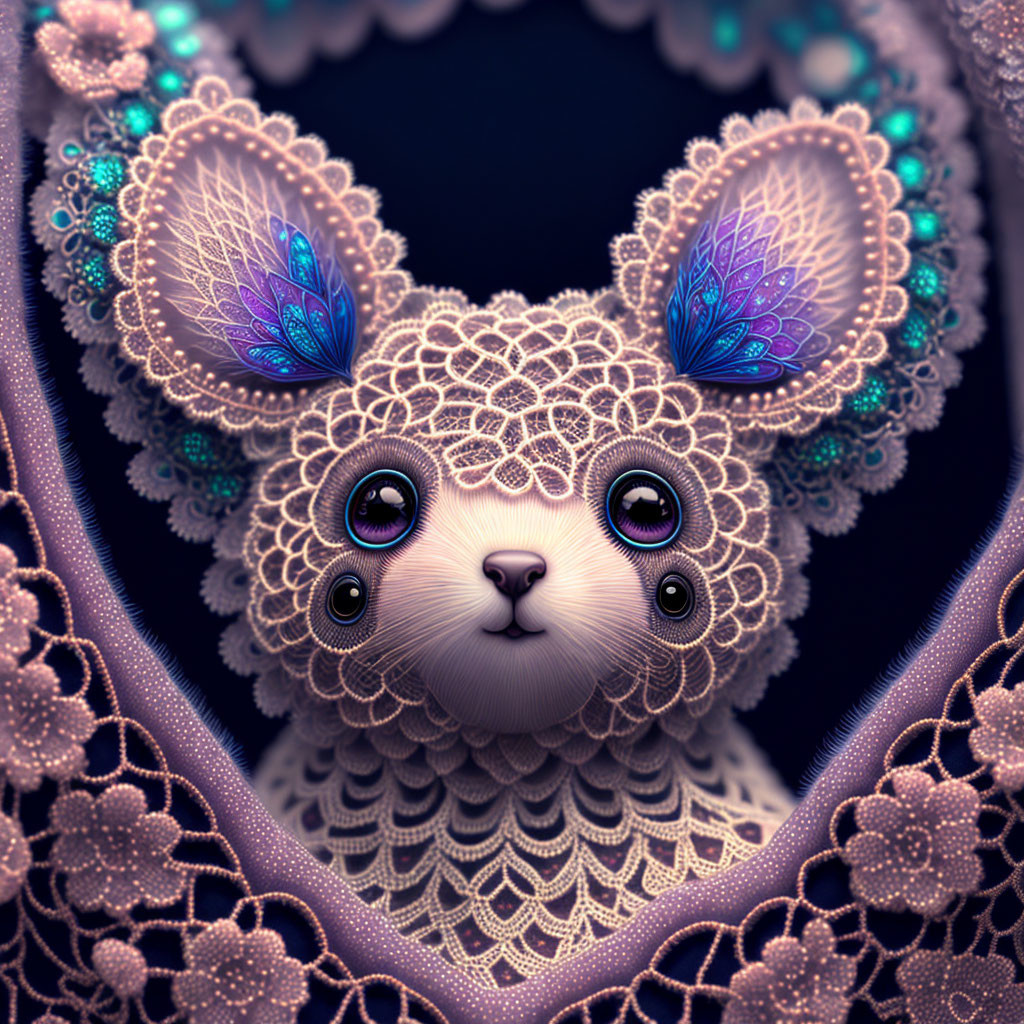 Detailed Digital Art: Whimsical Creature with Large Shining Eyes, Lace Fur, and Butterfly E