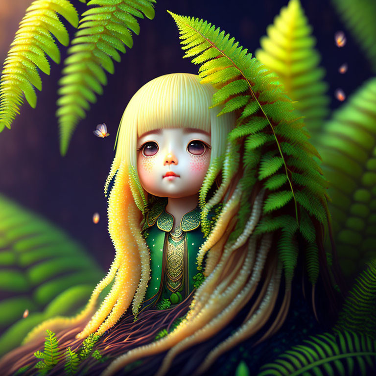 Digital artwork: Doll-like character with large eyes, yellow hair, detailed green garment in ferns with