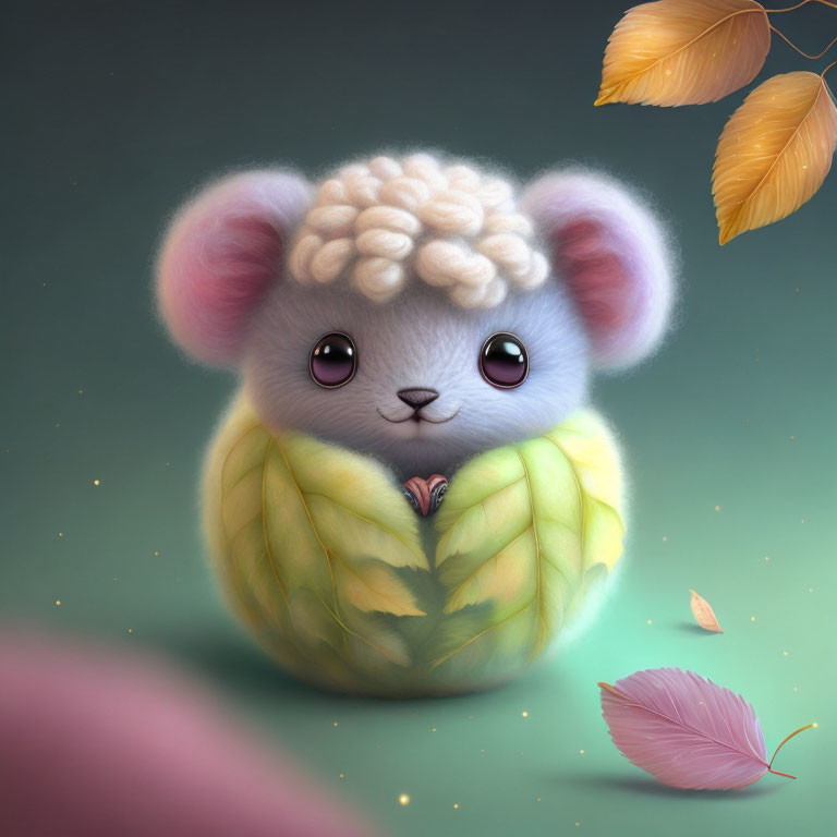 Fluffy creature with sheep-like fur in leafy artichoke shell surrounded by autumn leaves